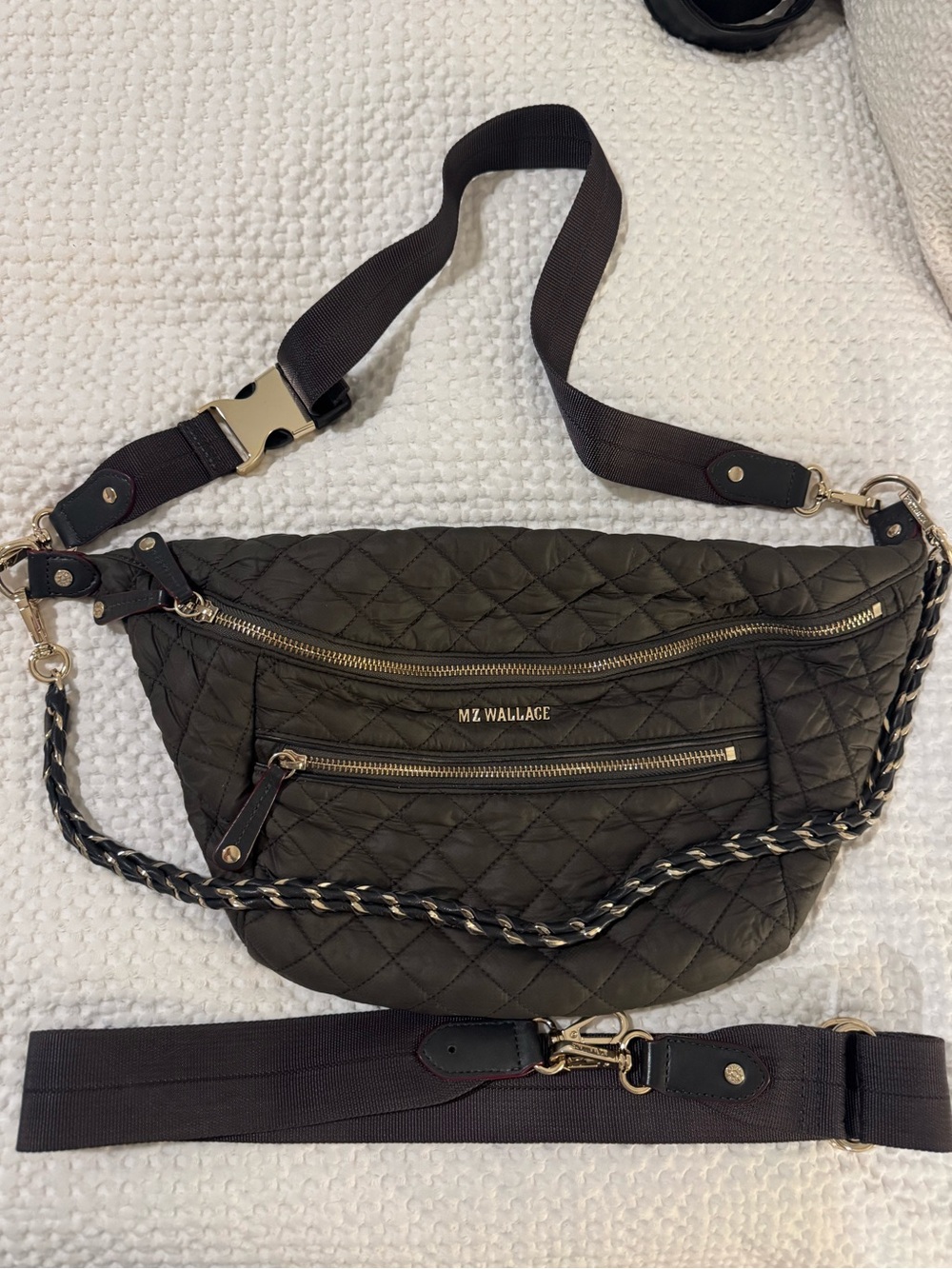 MZ Wallace Quilted Olive Green Crossbody Belt Bag with Gold Hardware